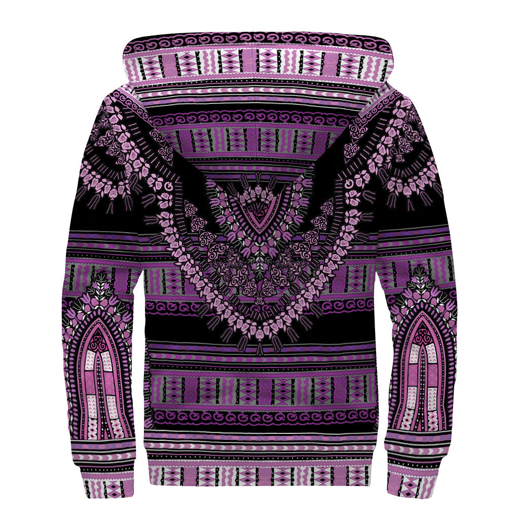 Purple and Black African Dashiki Print Sherpa Lined Zip Up Hoodie: Embrace Your Inner Hippie Style - 2