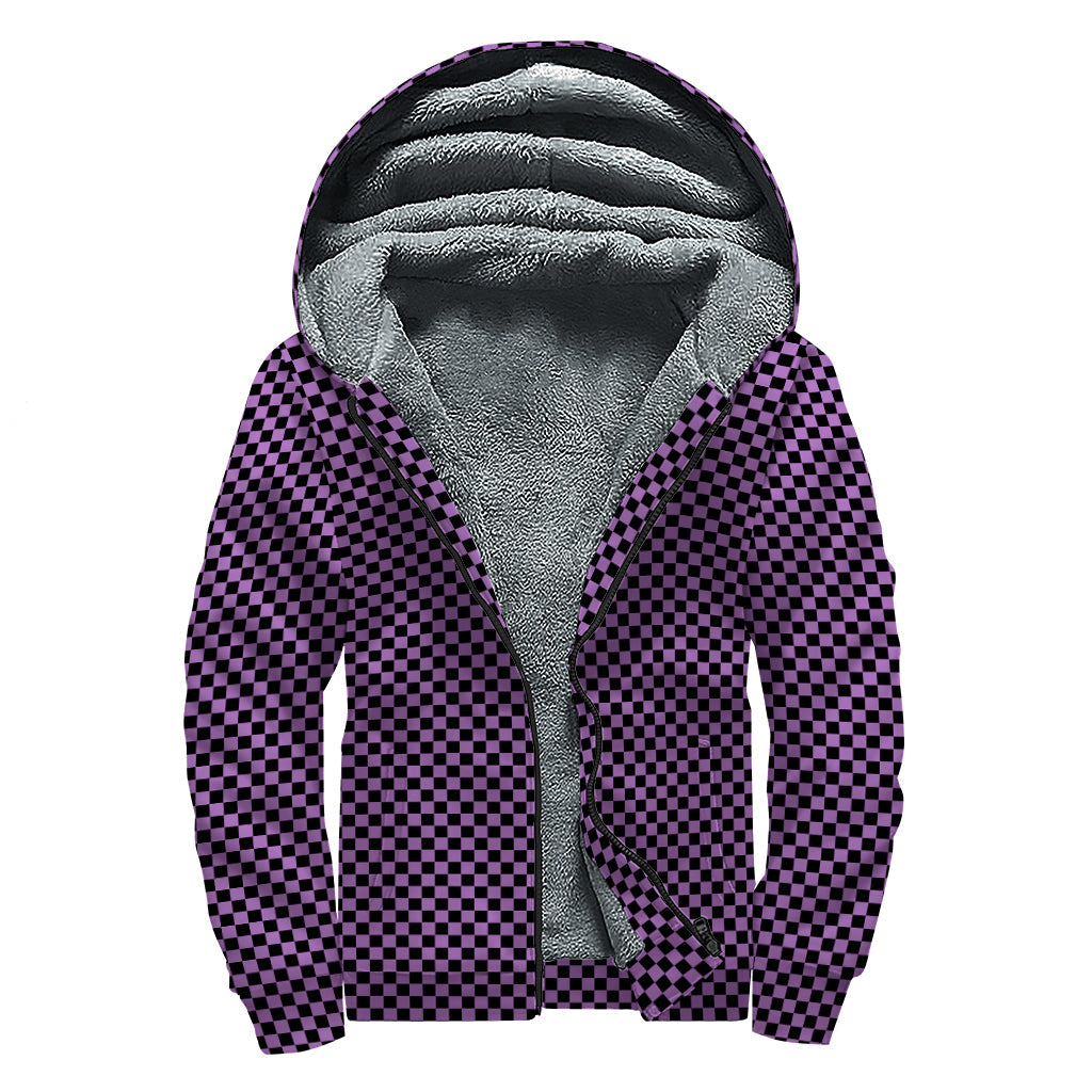 Groovy Vibes: Purple and Black Checkered Sherpa Lined Zip Up Hoodie - 1