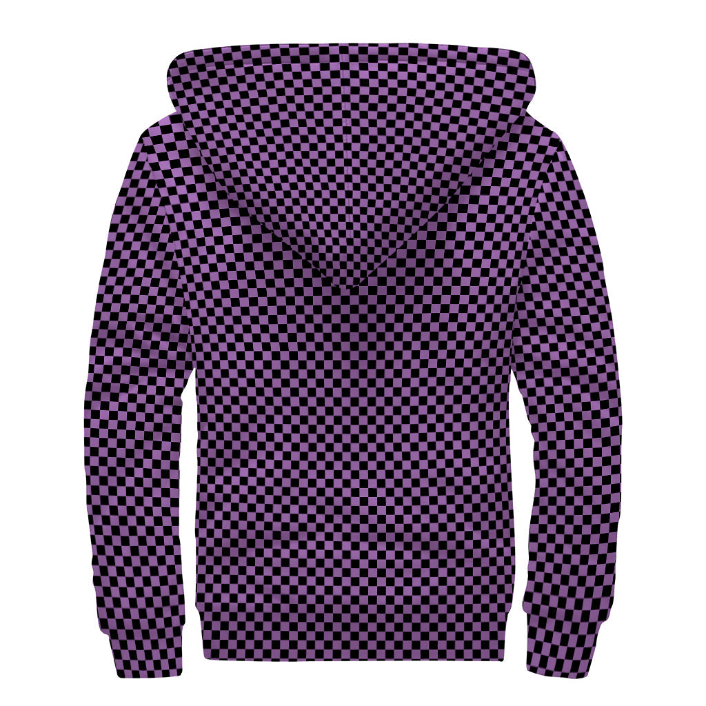 Groovy Vibes: Purple and Black Checkered Sherpa Lined Zip Up Hoodie - 2