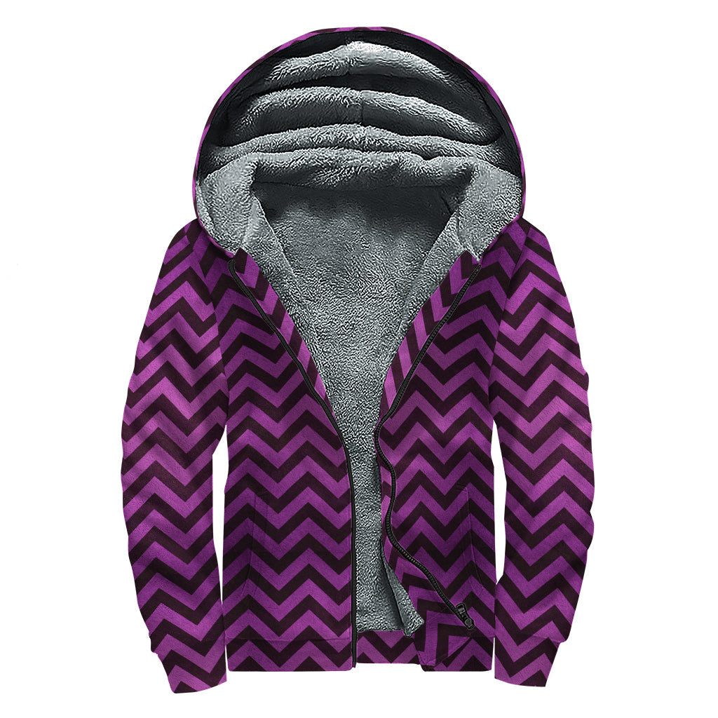 Purple and Black Chevron Pattern Sherpa Lined Zip Up Hoodie - Embrace Your Inner Hippie Vibe! - 1