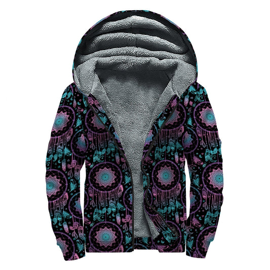 Purple and Blue Dream Catcher Print Sherpa Lined Zip Up Hoodie - Embrace Your Inner Hippie! - 1