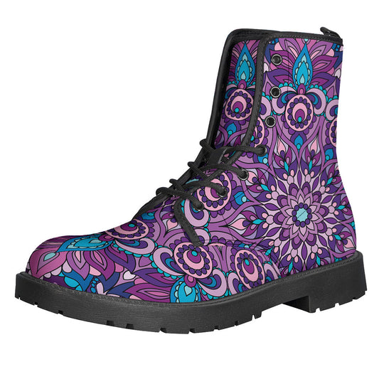 Peaceful Bliss: Purple and Blue Mandala Print Leather Lightweight Boots for Hippies - 1