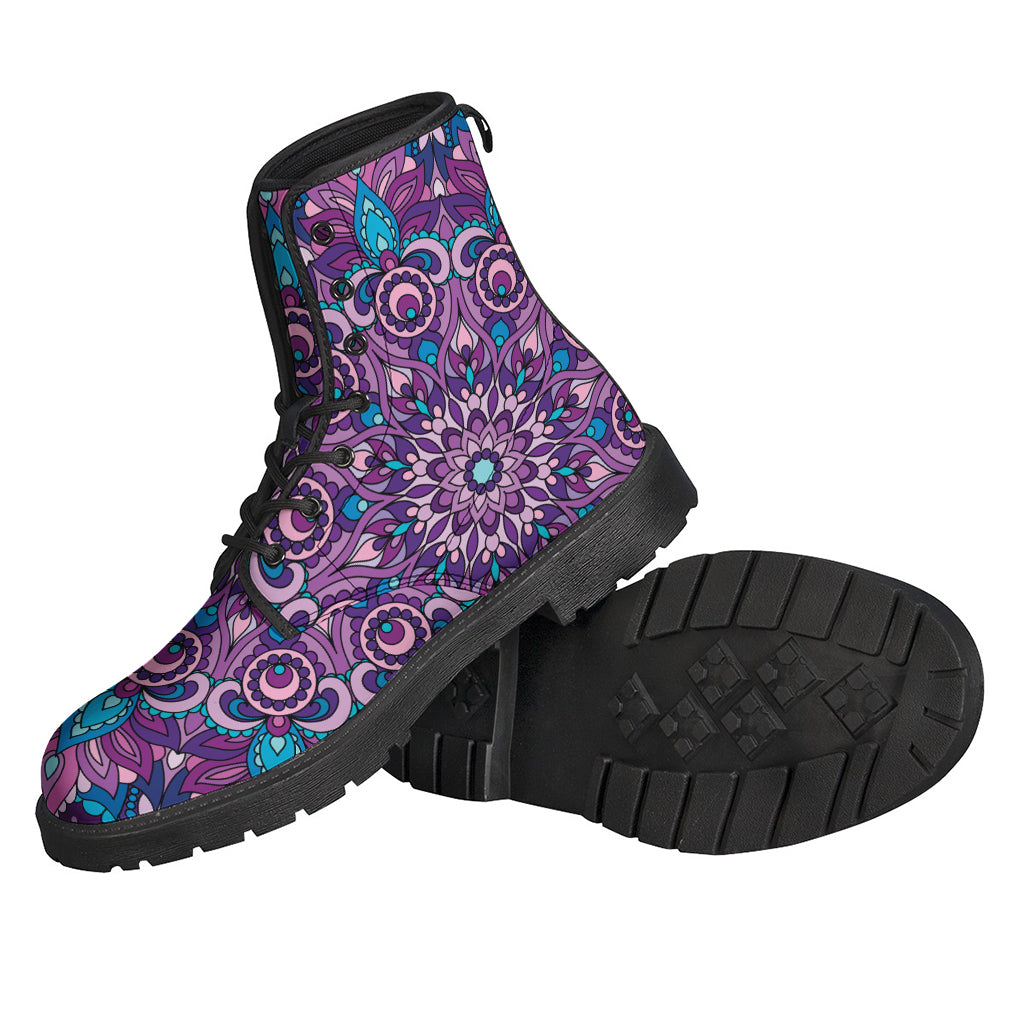 Peaceful Bliss: Purple and Blue Mandala Print Leather Lightweight Boots for Hippies - 2