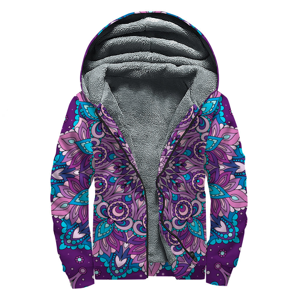 Bohemian Bliss: Purple and Blue Mandala Print Sherpa Lined Zip Up Hoodie - 1