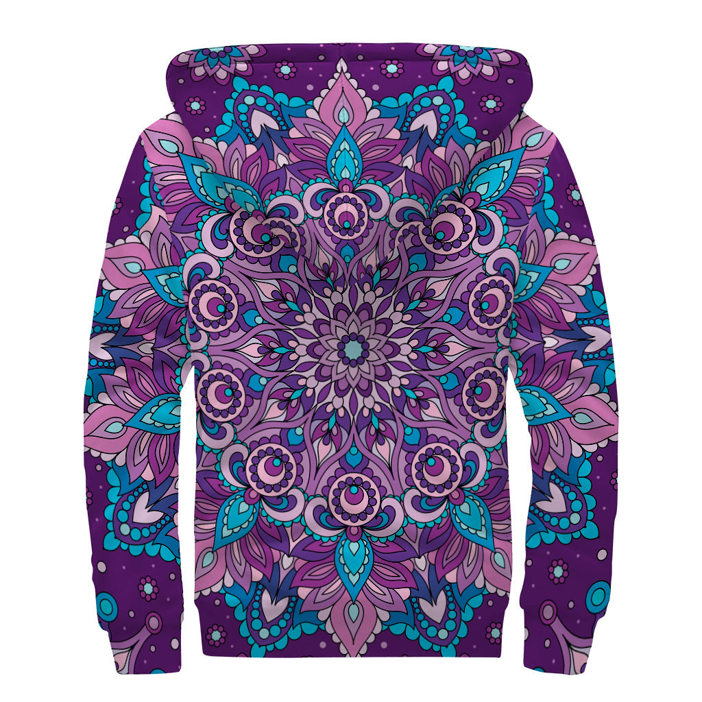 Bohemian Bliss: Purple and Blue Mandala Print Sherpa Lined Zip Up Hoodie - 2