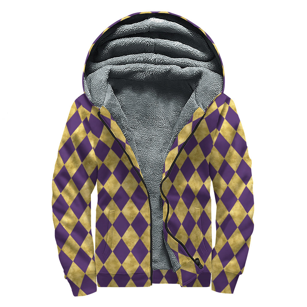 Harlequin Dream: Purple and Gold Sherpa Lined Zip Up Hoodie for Groovy Hippies - 1