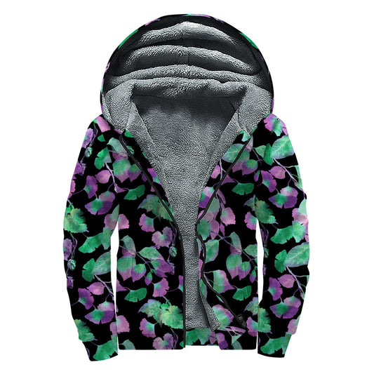 Purple and Green Leaf Print Sherpa-Lined Hippie Zip Up Hoodie - 1