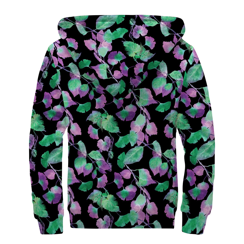 Purple and Green Leaf Print Sherpa-Lined Hippie Zip Up Hoodie - 2