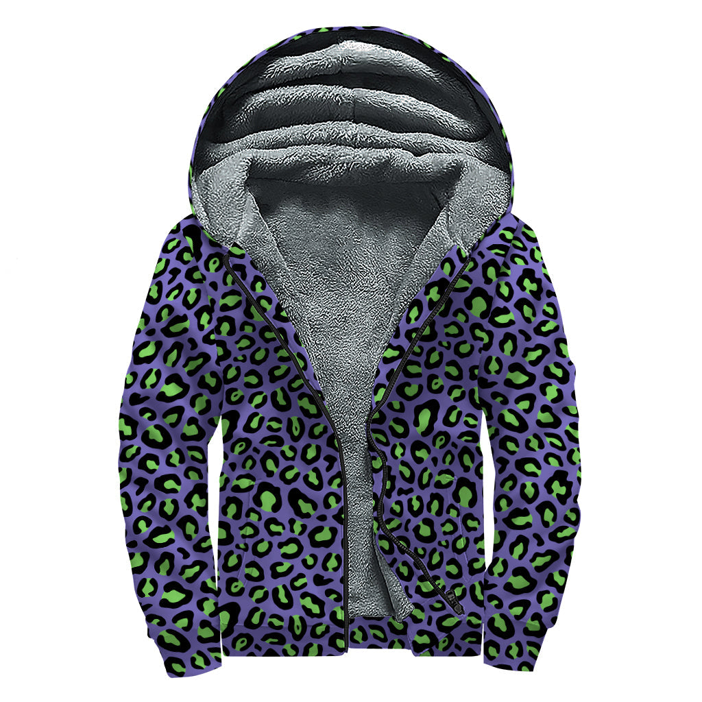 Purple and Green Leopard Pattern Print Sherpa Lined Zip Up Hoodie - 1