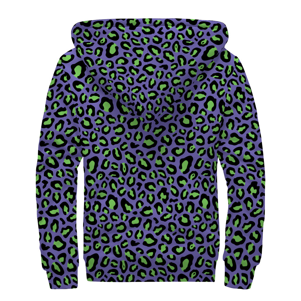 Purple and Green Leopard Pattern Print Sherpa Lined Zip Up Hoodie - 2