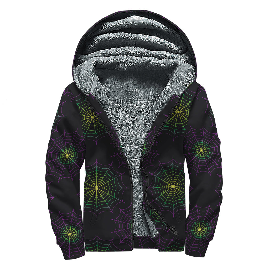 Purple and Green Spider Web Print Sherpa Lined Zip Up Hoodie for Groovy Hippies - 1