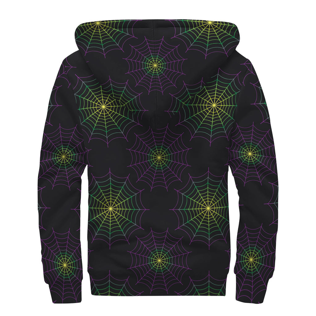 Purple and Green Spider Web Print Sherpa Lined Zip Up Hoodie for Groovy Hippies - 2