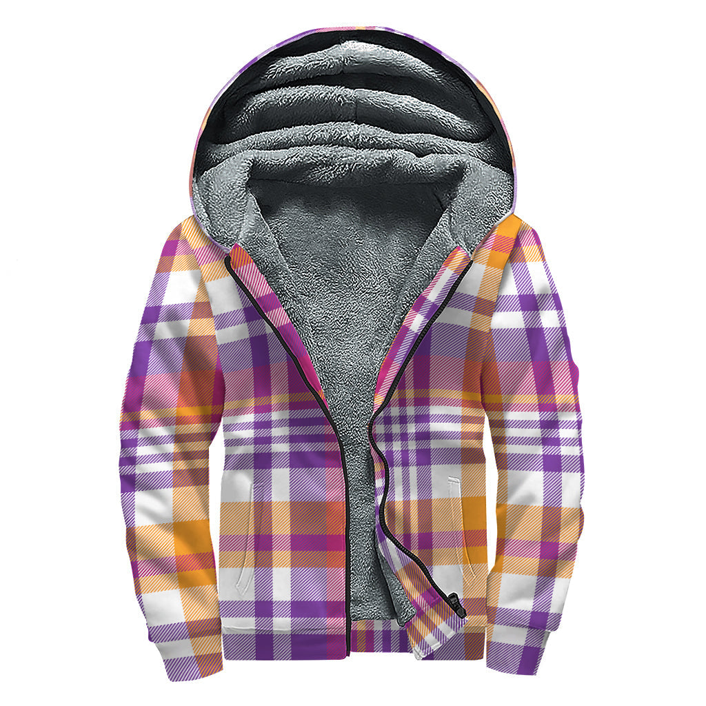 Groovy Purple and Orange Madras Plaid Sherpa Lined Zip Up Hoodie for Hippie Vibes - 1