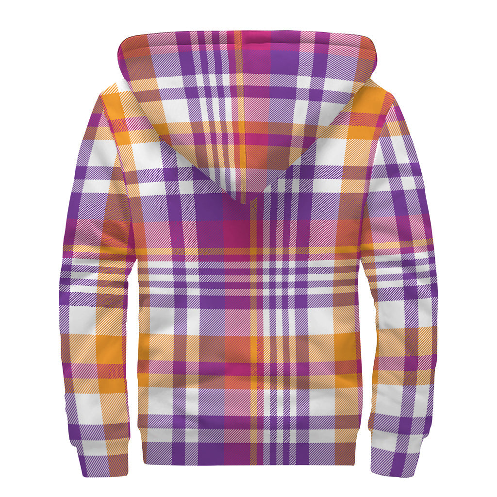 Groovy Purple and Orange Madras Plaid Sherpa Lined Zip Up Hoodie for Hippie Vibes - 2