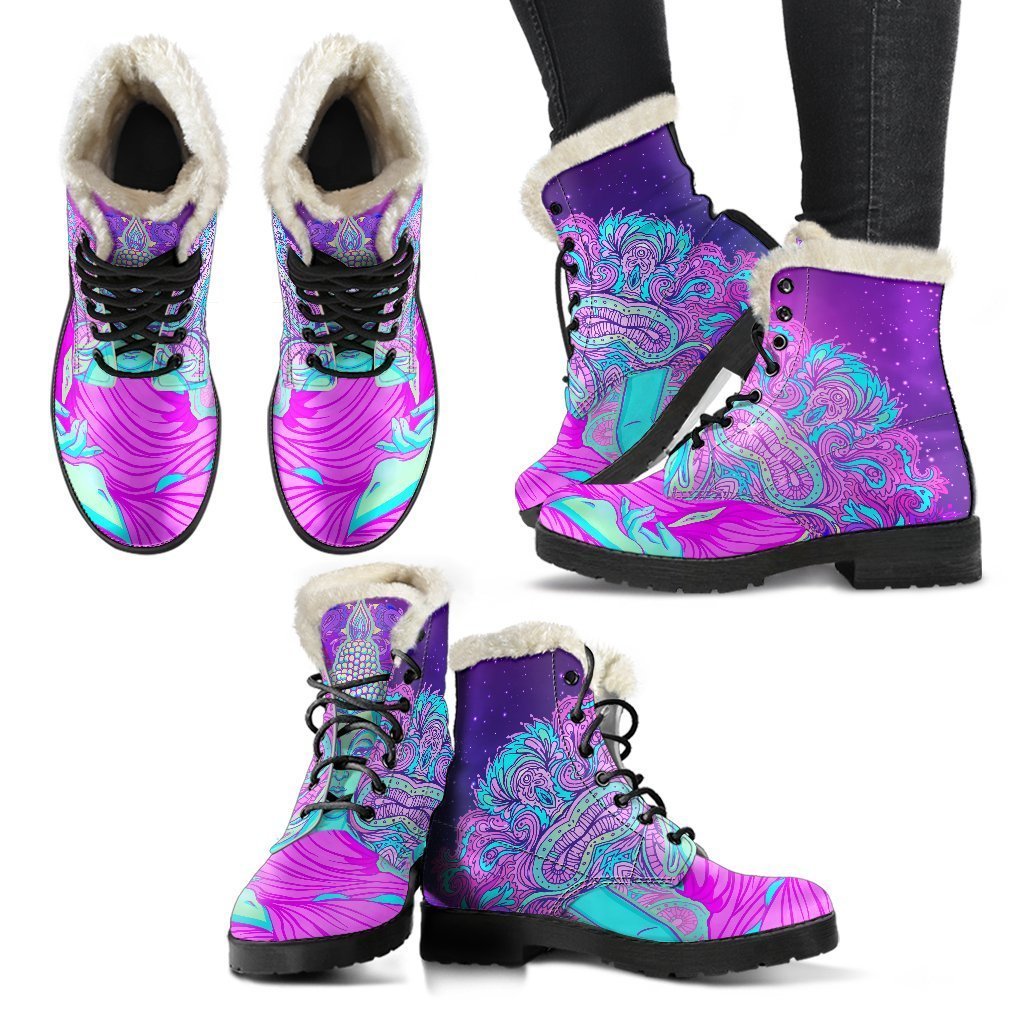 Peaceful Vibes: Purple and Teal Buddha Print Faux Fur Leather Boots for Hippies - 2