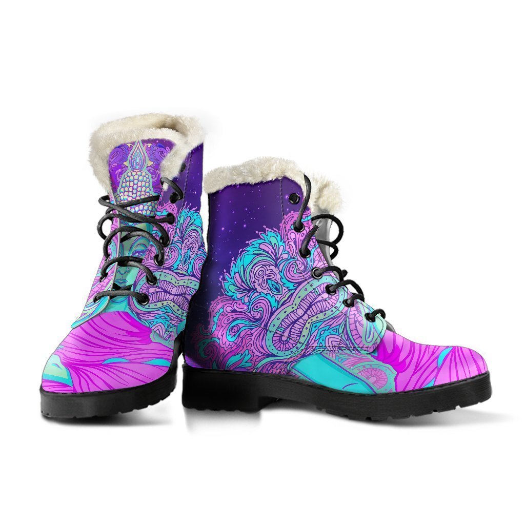 Peaceful Vibes: Purple and Teal Buddha Print Faux Fur Leather Boots for Hippies - 3