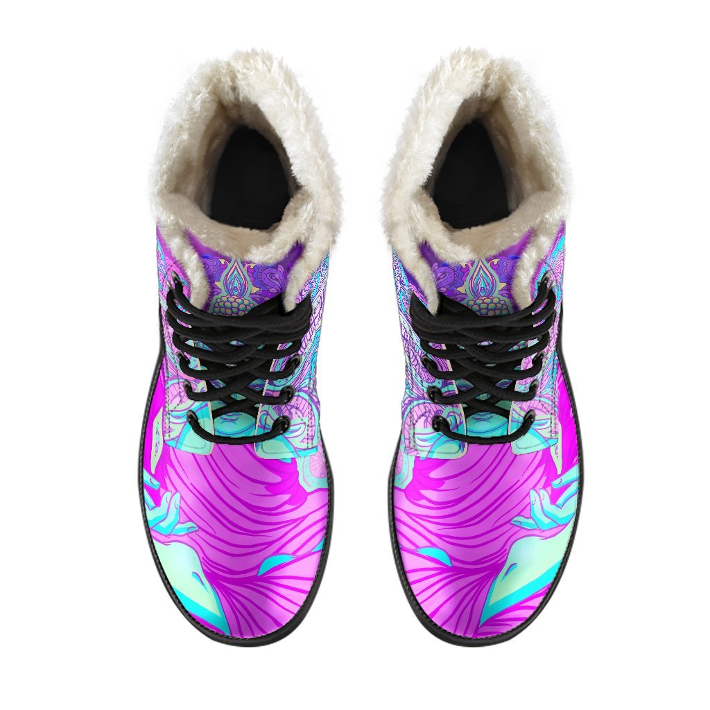 Peaceful Vibes: Purple and Teal Buddha Print Faux Fur Leather Boots for Hippies - 4