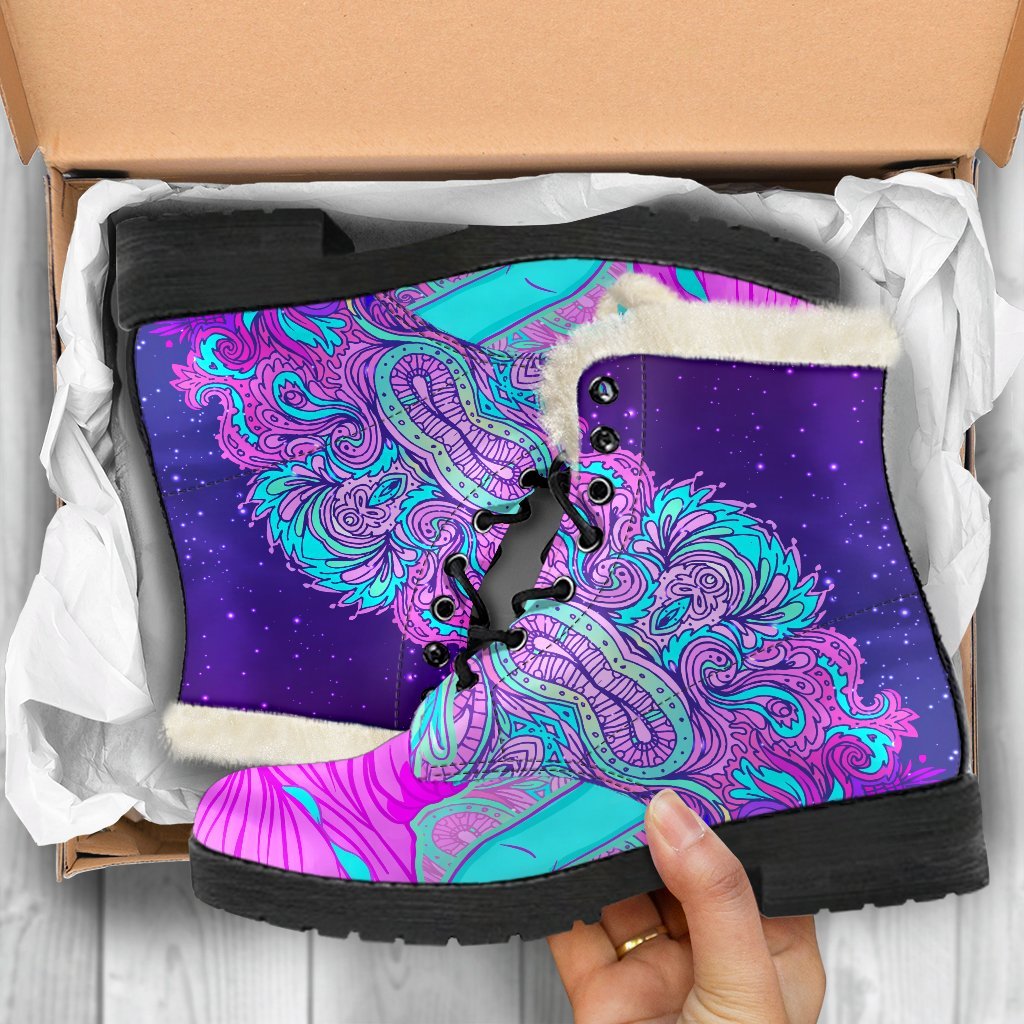 Peaceful Vibes: Purple and Teal Buddha Print Faux Fur Leather Boots for Hippies - 5