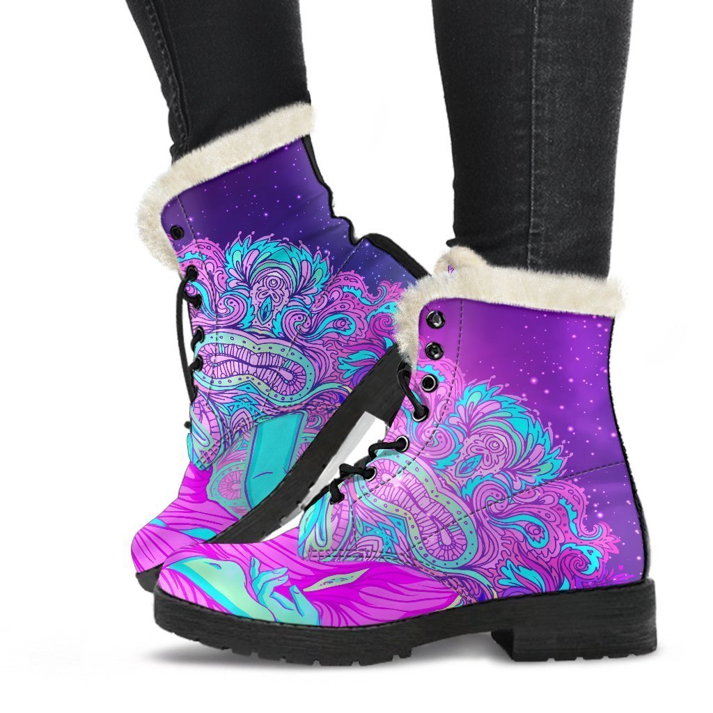 Peaceful Vibes: Purple and Teal Buddha Print Faux Fur Leather Boots for Hippies - 1