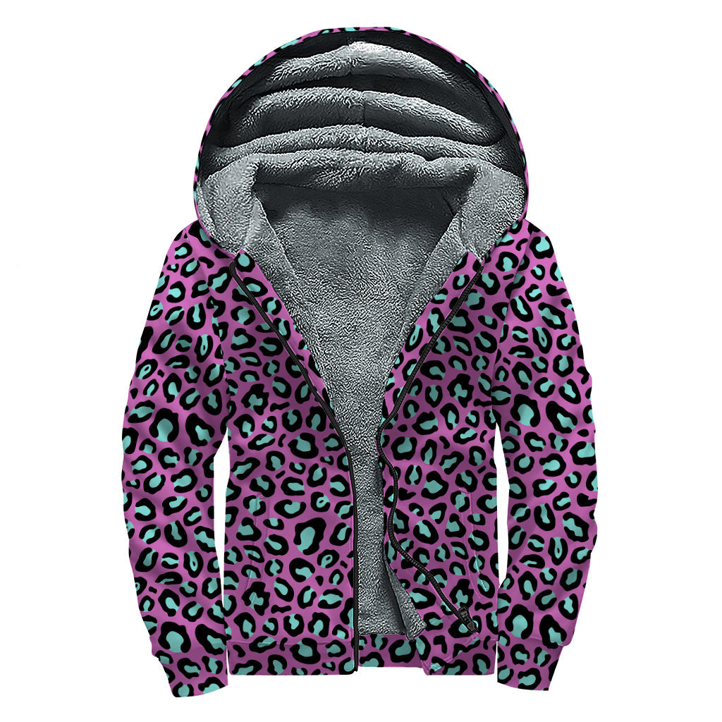 Groovy Purple and Teal Leopard Print Sherpa-Lined Zip Up Hoodie for Far Out Hippies - 1