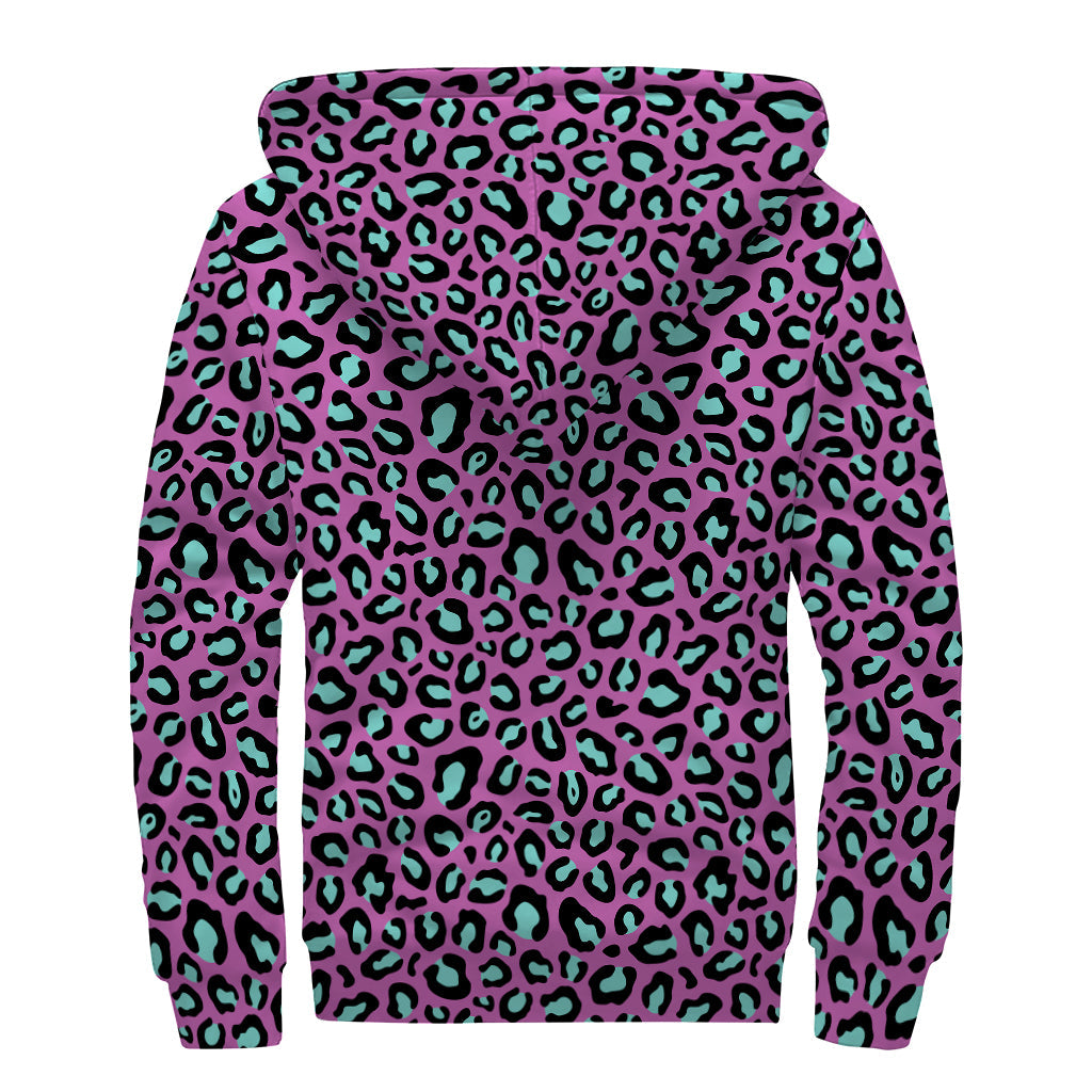 Groovy Purple and Teal Leopard Print Sherpa-Lined Zip Up Hoodie for Far Out Hippies - 2