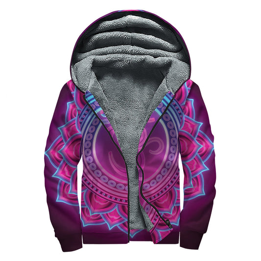 Peaceful Purple and Teal Om Mandala Sherpa Lined Zip Up Hoodie for the Groovy Hippie Soul - 1