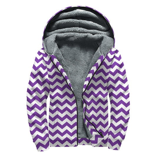 Purple and White Chevron Pattern Print Sherpa Lined Zip Up Hoodie for Groovy Hippies - 1