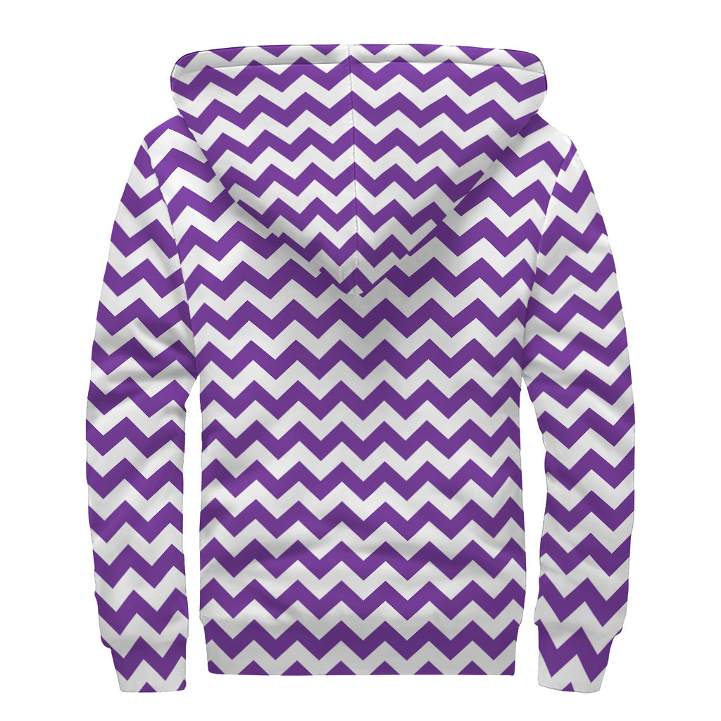 Purple and White Chevron Pattern Print Sherpa Lined Zip Up Hoodie for Groovy Hippies - 2