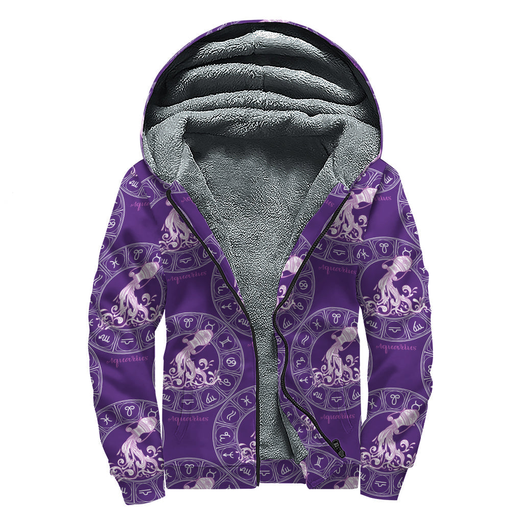 Purple Aquarius Zodiac Pattern Print Sherpa-Lined Zip Up Hoodie for Groovy Hippies - 1