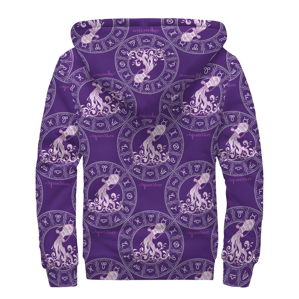 Purple Aquarius Zodiac Pattern Print Sherpa-Lined Zip Up Hoodie for Groovy Hippies - 2