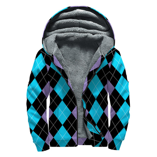 Groovy Vibes: Purple, Black, and Blue Argyle Print Sherpa Lined Zip Up Hoodie - 1