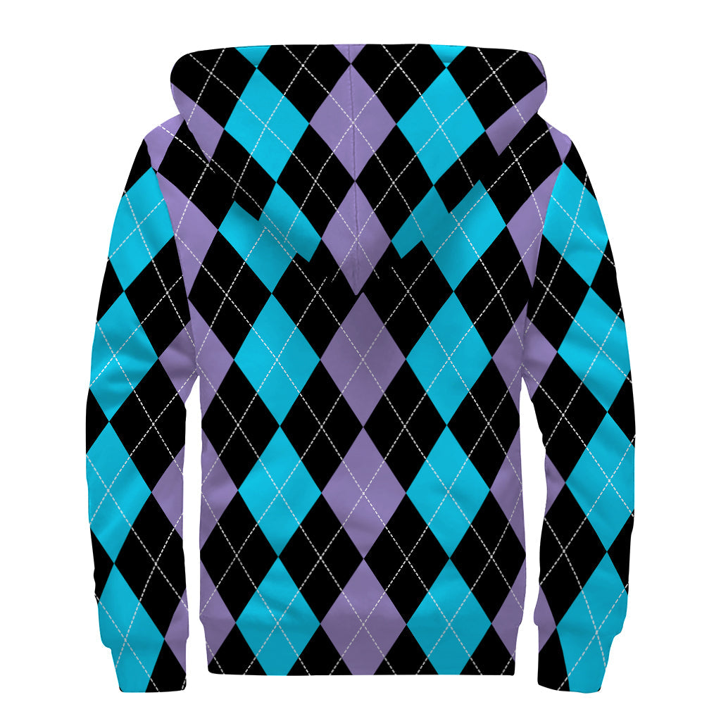 Groovy Vibes: Purple, Black, and Blue Argyle Print Sherpa Lined Zip Up Hoodie - 2