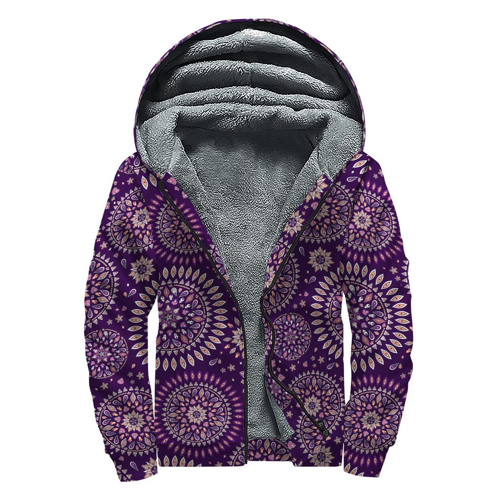 Groovy Purple Bohemian Mandala Sherpa-Lined Hoodie for Stylish Hippies - 1