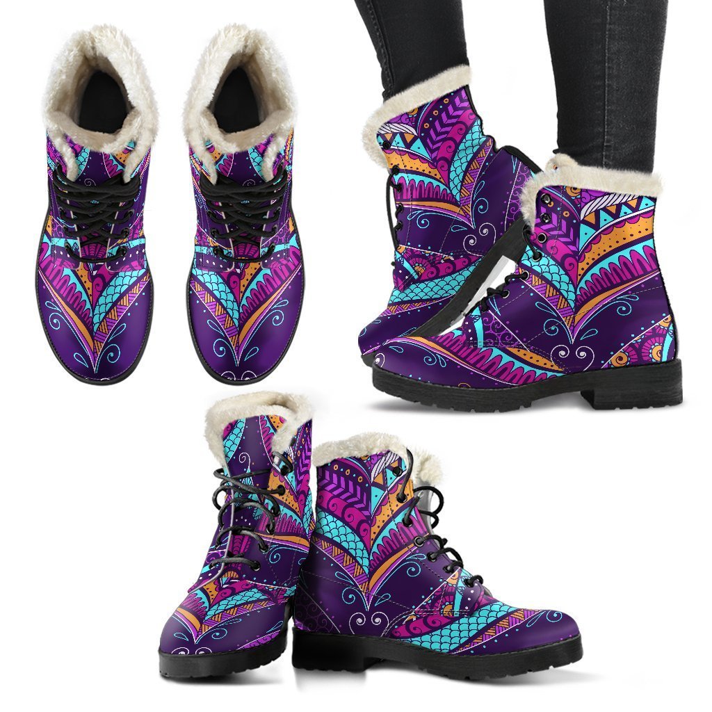 Purple Bohemian Peacock Feather Print Faux Fur Leather Boots: Embrace Your Inner Hippie Style - 2