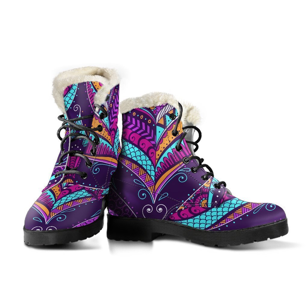 Purple Bohemian Peacock Feather Print Faux Fur Leather Boots: Embrace Your Inner Hippie Style - 3