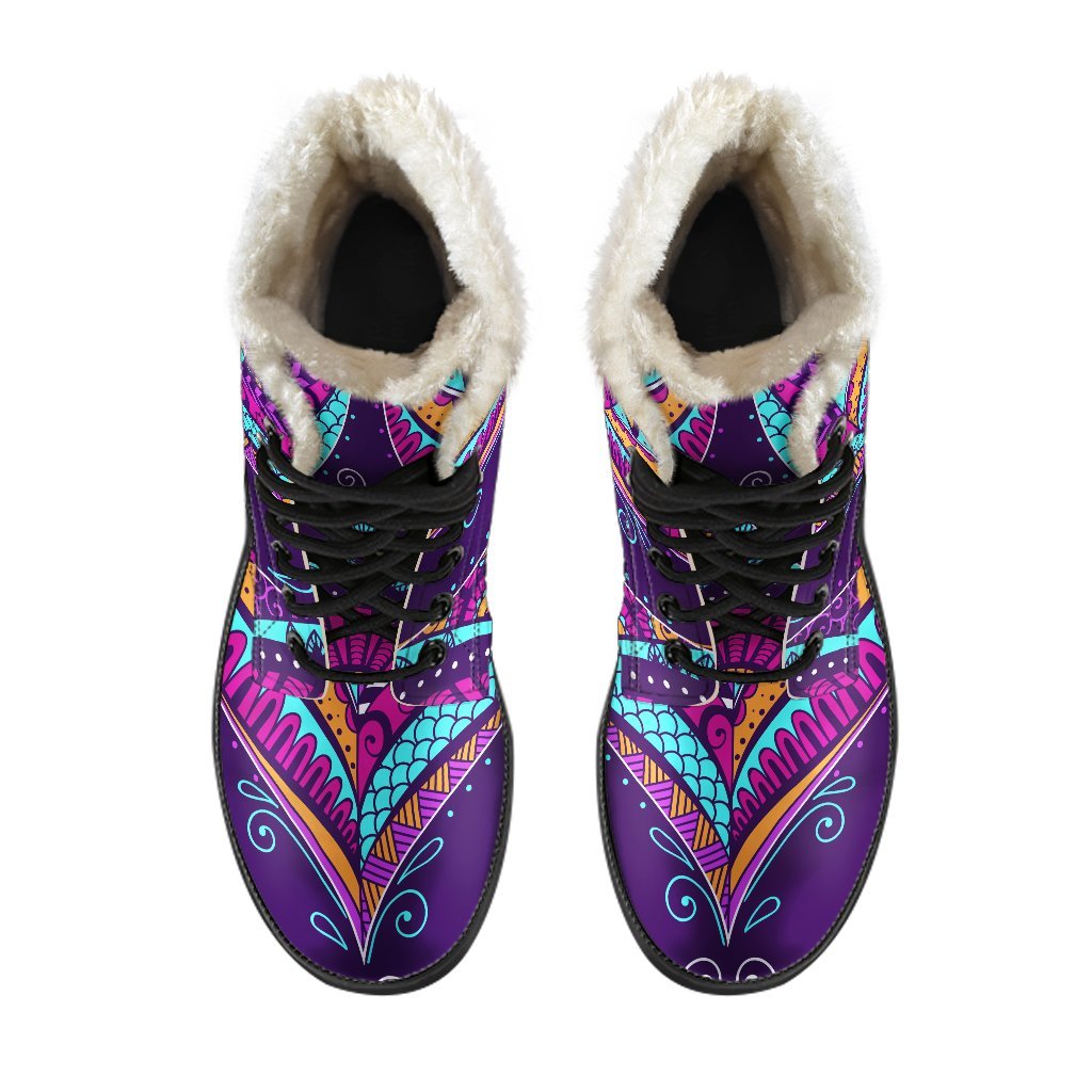 Purple Bohemian Peacock Feather Print Faux Fur Leather Boots: Embrace Your Inner Hippie Style - 4