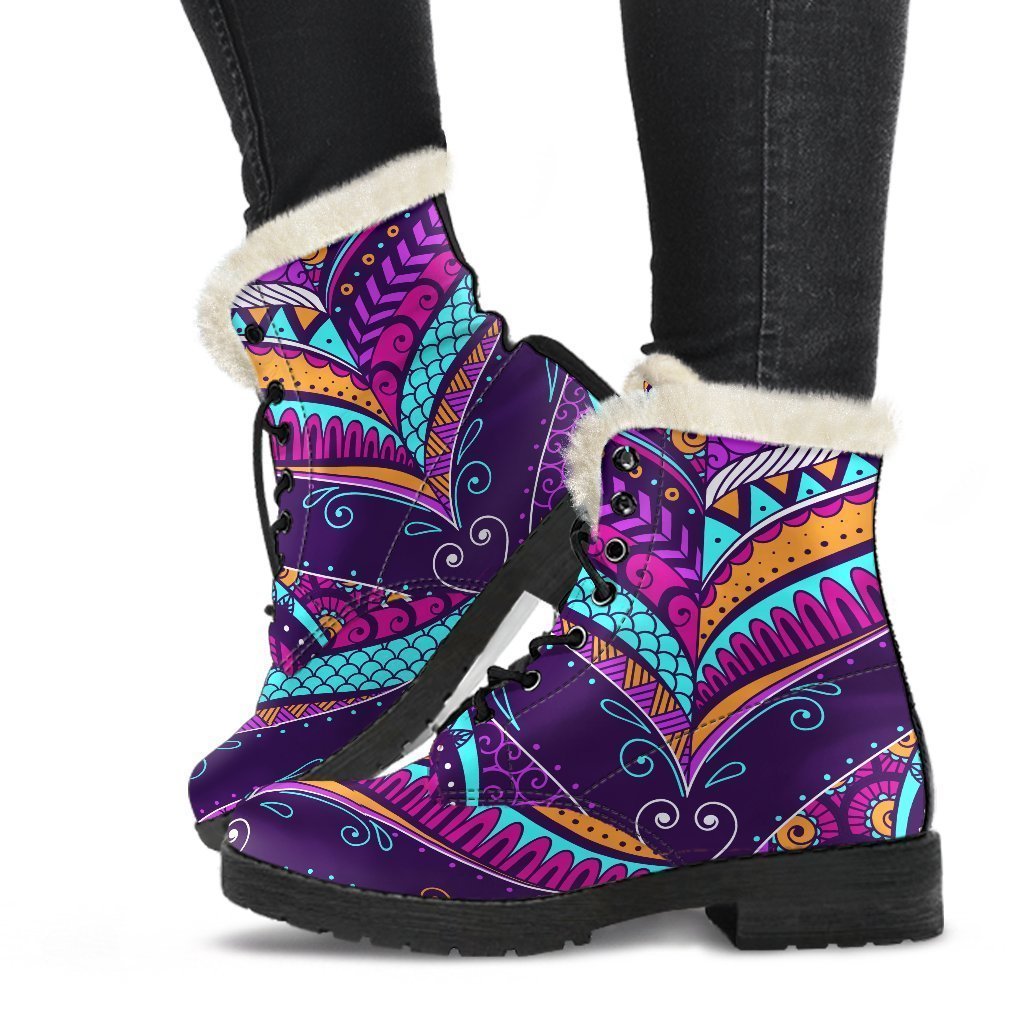 Purple Bohemian Peacock Feather Print Faux Fur Leather Boots: Embrace Your Inner Hippie Style - 1