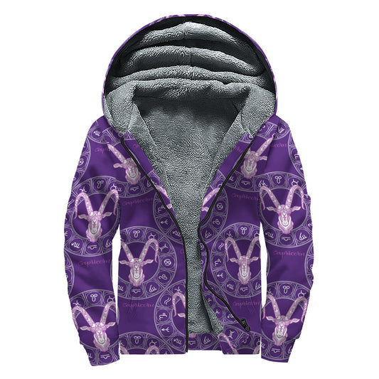 Purple Capricorn Zodiac Pattern Sherpa Lined Zip Up Hoodie - 1