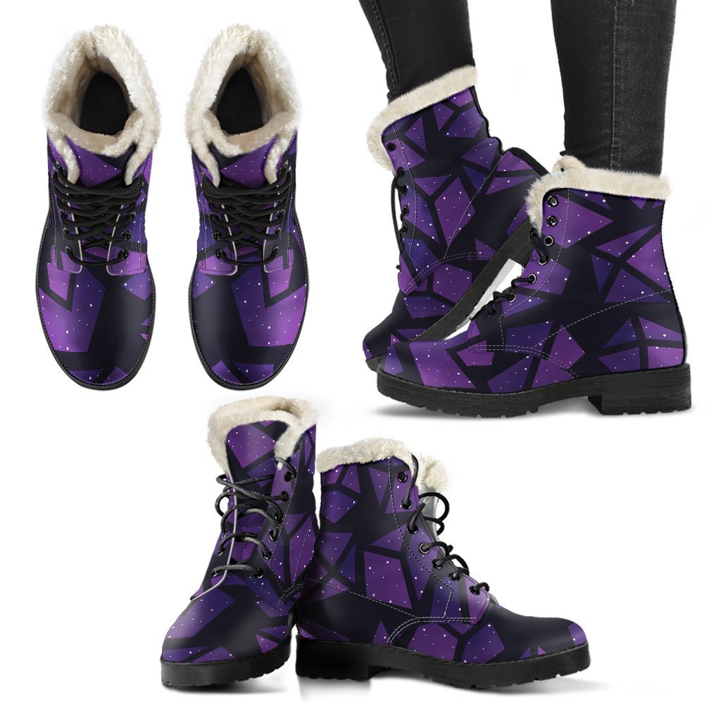 Purple Crystal Cosmic Galaxy Space Print Faux Fur Leather Boots for the Groovy Hippie Soul - 2