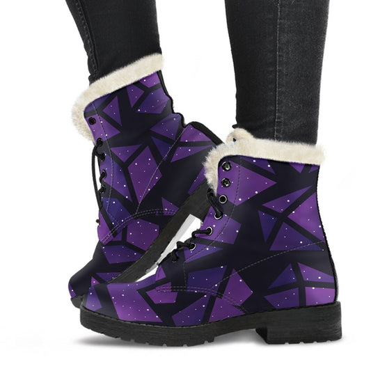 Purple Crystal Cosmic Galaxy Space Print Faux Fur Leather Boots for the Groovy Hippie Soul - 1