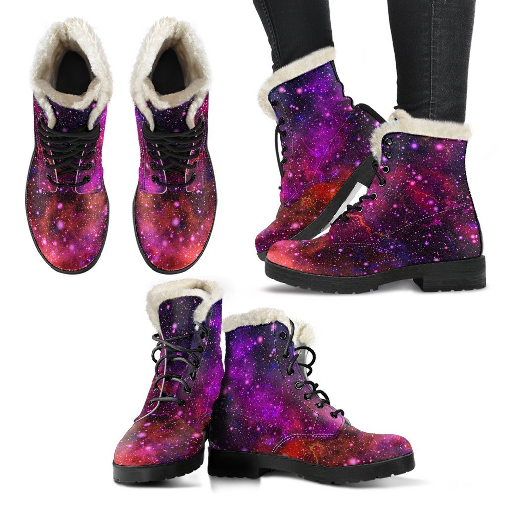 Groovy Purple Dark Galaxy Space Print Faux Fur Leather Boots for Peace-Loving Hippies - 2