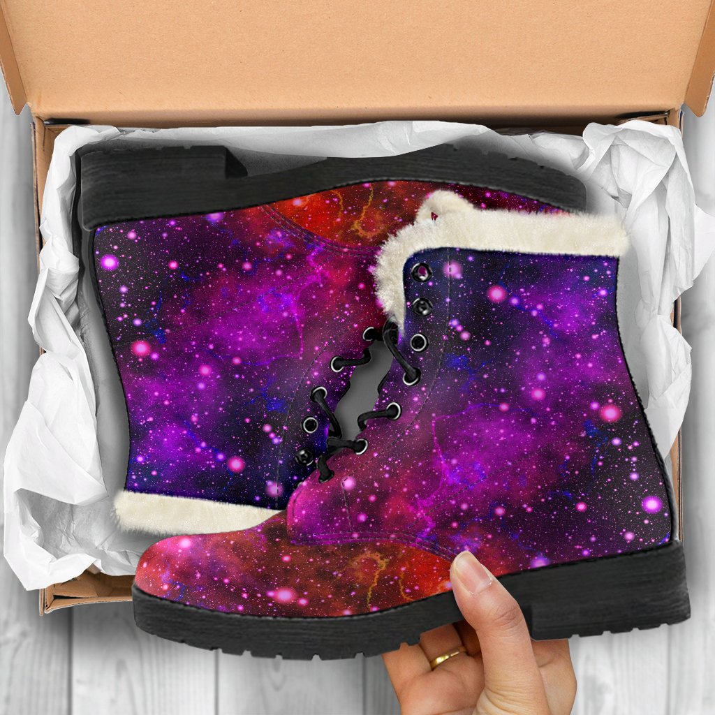 Groovy Purple Dark Galaxy Space Print Faux Fur Leather Boots for Peace-Loving Hippies - 5