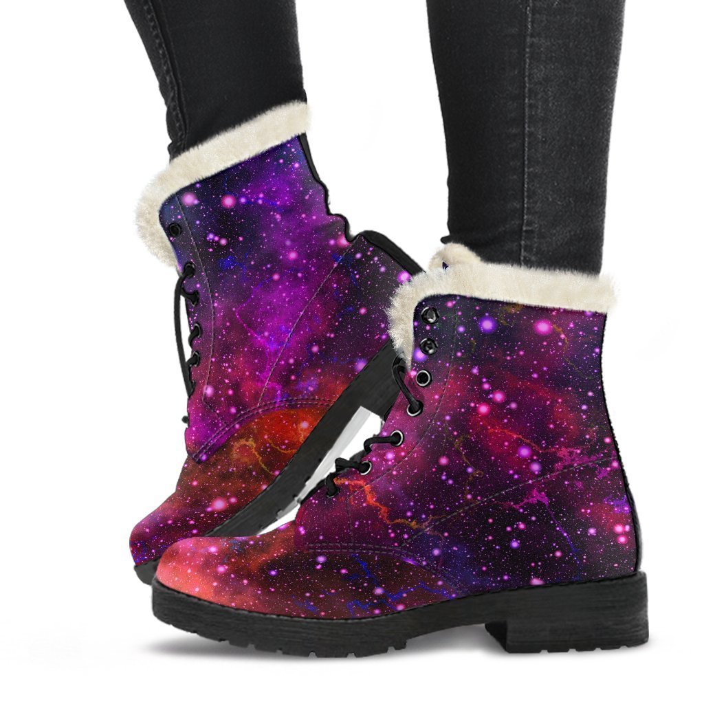 Groovy Purple Dark Galaxy Space Print Faux Fur Leather Boots for Peace-Loving Hippies - 1