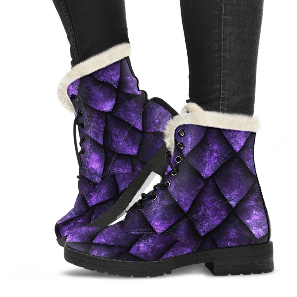 Purple Dragon Scales Pattern Print Faux Fur Leather Boots for Hippie Fashionistas - 1