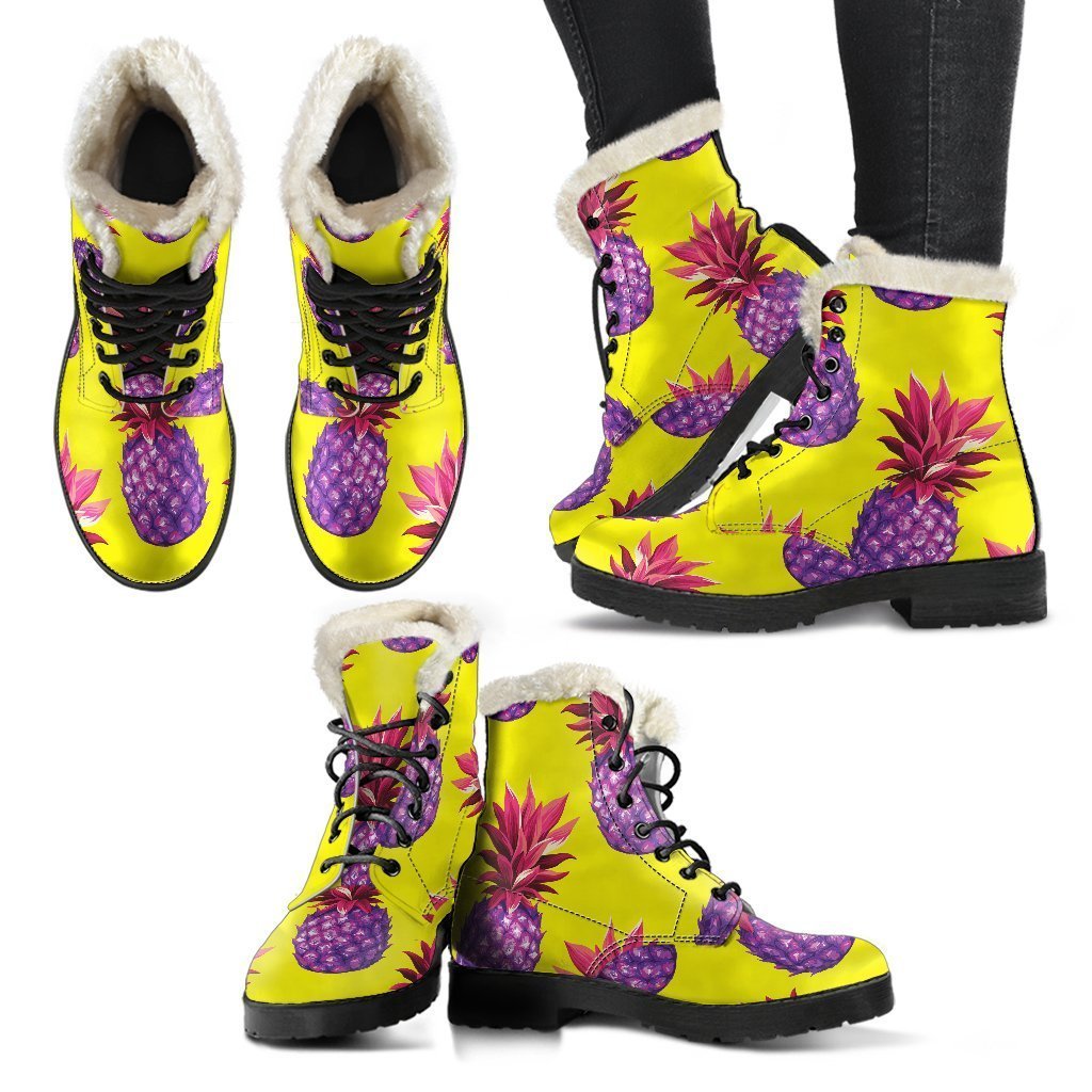 Purple EDM Pineapple Pattern Print Faux Fur Leather Boots for the Groovy Hippie - 2