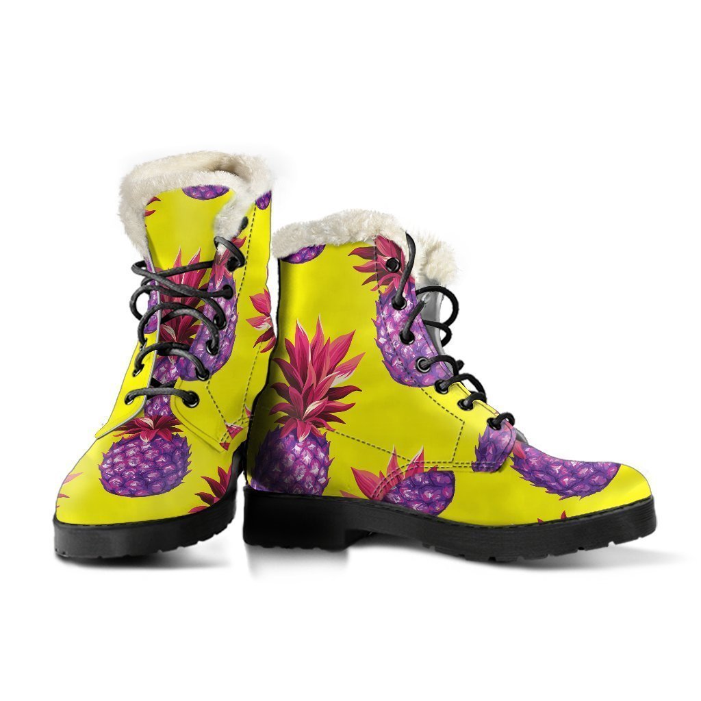 Purple EDM Pineapple Pattern Print Faux Fur Leather Boots for the Groovy Hippie - 3