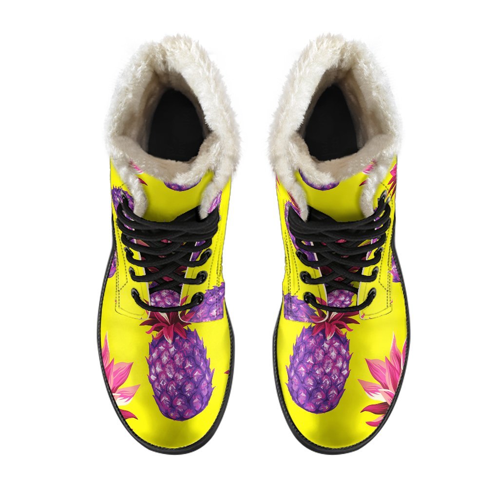 Purple EDM Pineapple Pattern Print Faux Fur Leather Boots for the Groovy Hippie - 4