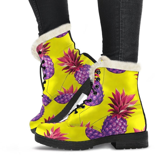 Purple EDM Pineapple Pattern Print Faux Fur Leather Boots for the Groovy Hippie - 1