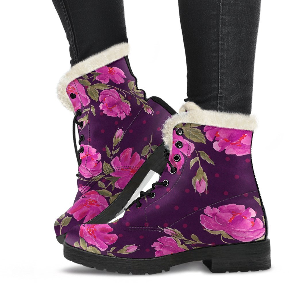 Psychedelic Dream: Purple Floral Faux Fur Leather Boots for the Free-Spirited Hippie - 1