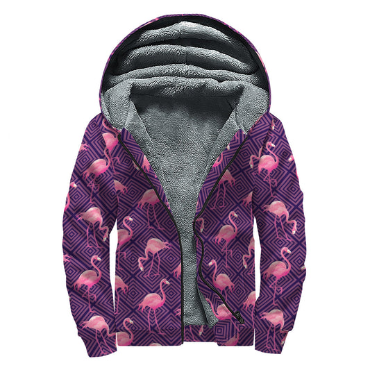 Purple Geometric Flamingo Pattern Sherpa Lined Zip Up Hoodie: Embrace Your Inner Hippie Chic - 1